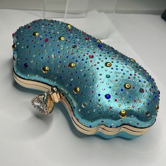 Damara Hardshell Evening Teal Metallic Geometric Clutch Shoulder Bag - New - Picture 6 of 12